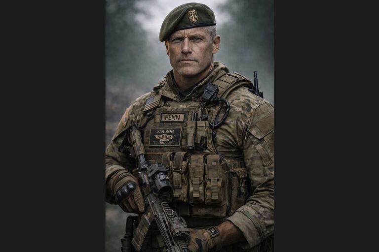 Captain Daniel Penn, U.S. Army Green Beret, wearing tactical gear and holding a rifle in Countdown to Armageddon: The Book of Daniel.