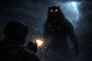 PIRDD & History's Forgotten War: soldier fires on a towering hellhound during a lightning-lit battlefield encounter.