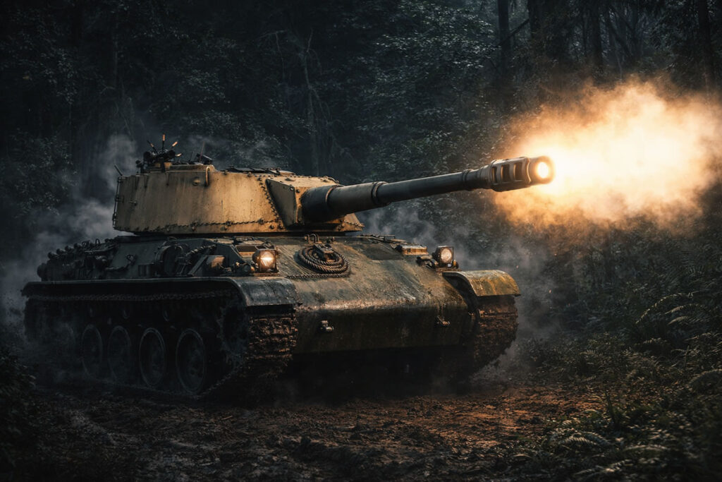 M22 JackCat improvised tank destroyer firing its main gun at the Battle of 77 Westing, combining World War II-era armored technology with C2A battlefield improvisation.