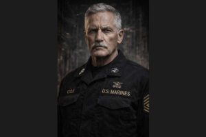 Portrait of Sergeant Major L. David Cox, an older gray-haired U.S. Marine in a black uniform, staring sternly at the camera.