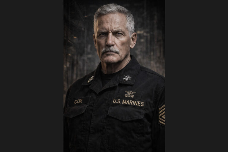 Portrait of Sergeant Major L. David Cox, an older gray-haired U.S. Marine in a black uniform, staring sternly at the camera.