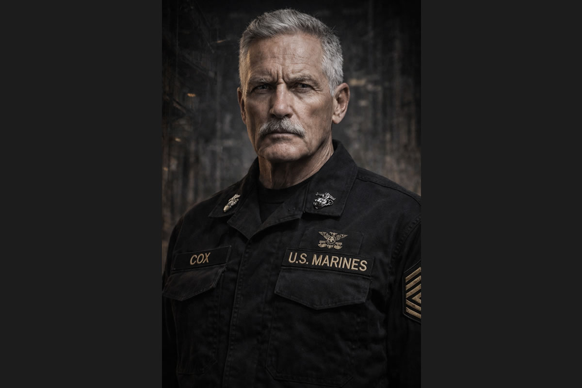 Portrait of Sergeant Major L. David Cox, an older gray-haired U.S. Marine in a black uniform, staring sternly at the camera.