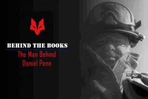 Black-and-gray Behind the Books graphic featuring a firefighter in turnout gear, the C2A wolf logo, and the title “The Man Behind Daniel Penn.”